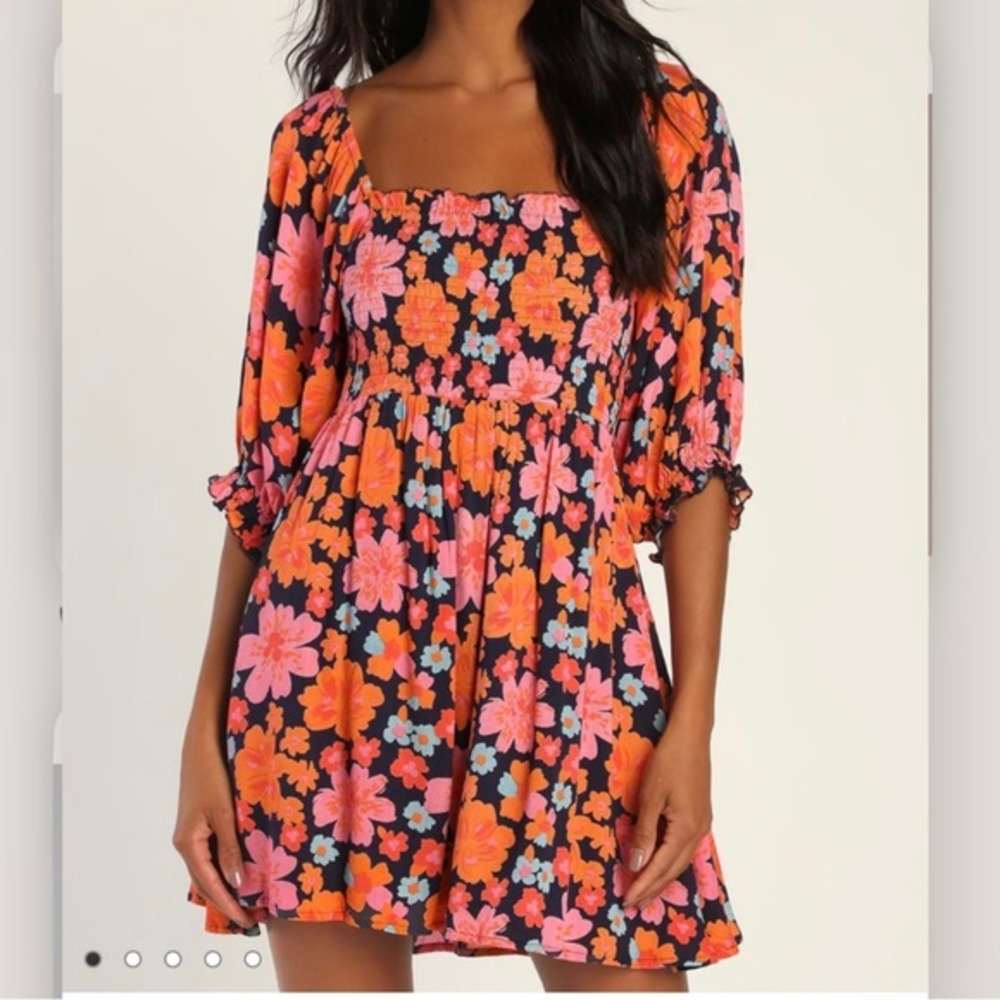 NWT Lulus Pollen in Love Navy Blue Floral Puff Sleeve Mini Skater Dress‎ SMALL
